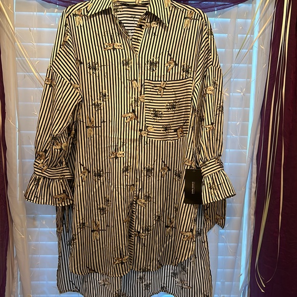 Zara Dragonfly Striped Long Oversized Fit Button Up Blouse Top Gray - Picture 9 of 12